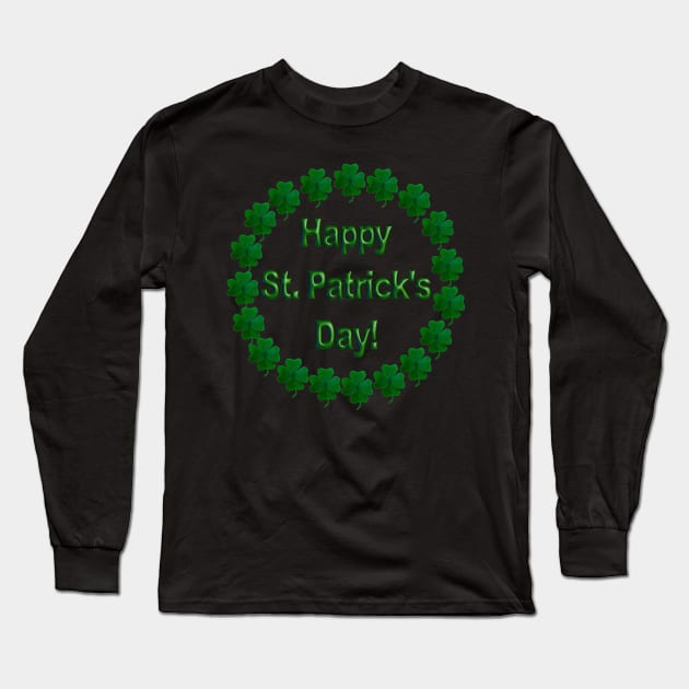 Happy St. Patrick's Day Emblem in a Ring of Shamrocks Long Sleeve T-Shirt by Suzette Ransome Illustration & Design